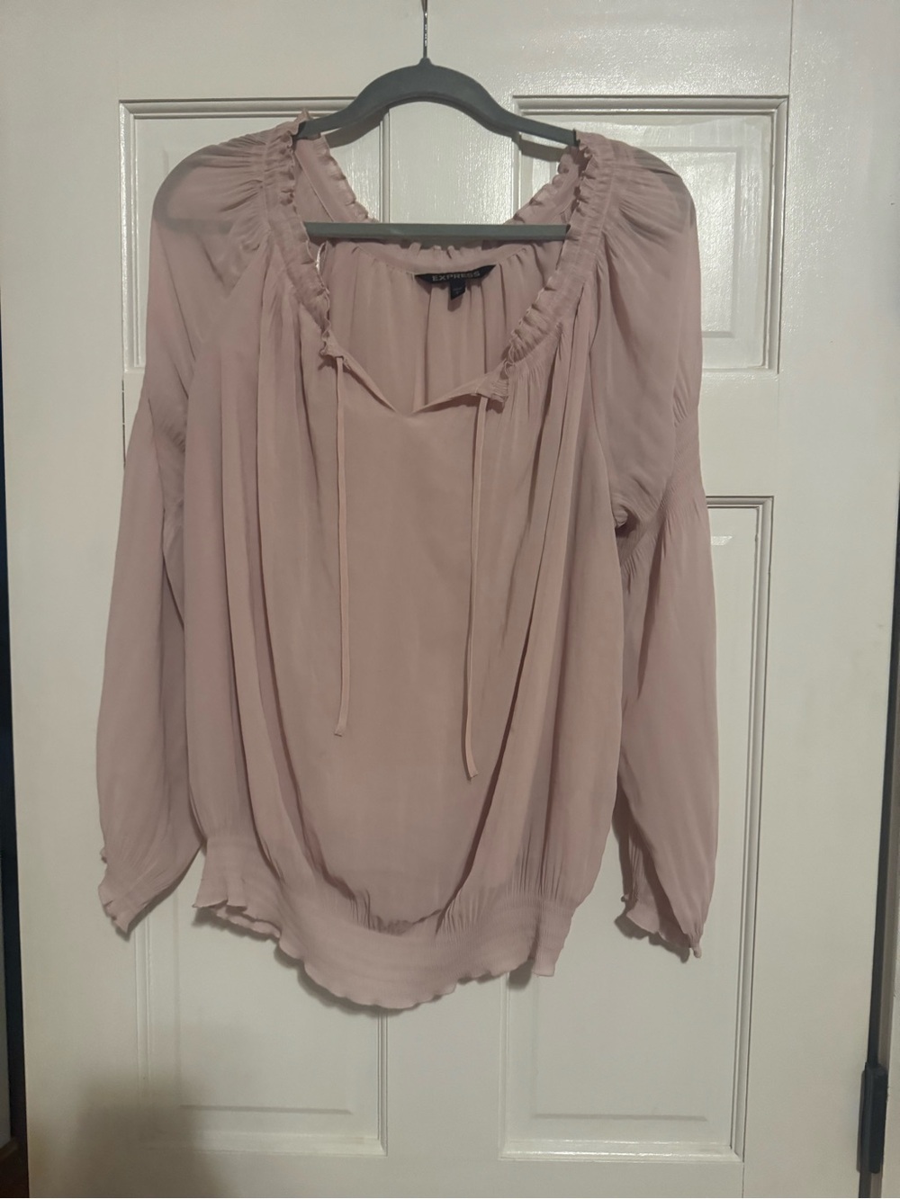 Express Blush Tie-Neck Ruffle Peasant Blouse